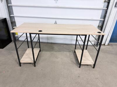 60" Office Computer Desk, Light Woodgrain, Black Metal Frame, Dual Shelves, Cable Grommets