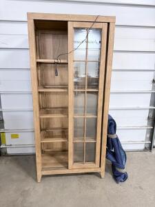 Glass Door Sliding Display Curio Cabinet, Light Wood, Built-In Lighting, 74"x36"x16", 4 Shelves