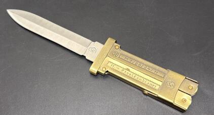 SS Streifendienst Gravity Folding Knife, RZM M7/66/34/SS Marked, Brass Handle, WWII Germany