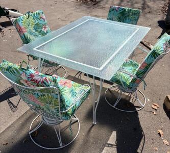 Rectangular Glass Outdoor Patio Dining Set with 4 Swivel Metal Chairs & Tropical Floral Cushions