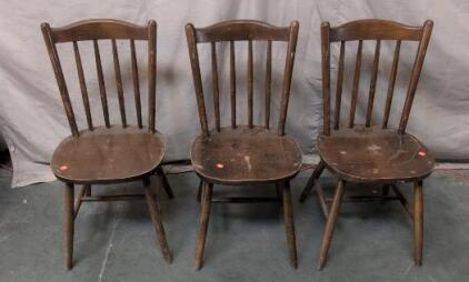 Set Of 3 Vintage Wooden Spindle-Back Dining Chairs, Brown Finish, Country/Colonial Style