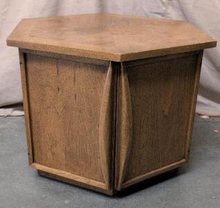 Lane Hexagonal Walnut End Table Cabinet, Style 1096-36, Serial 2761120, 1972, Double Doors