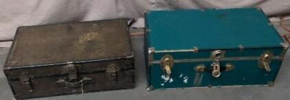 Pair Of Vintage Storage Trunks &ndash; Teal & Black, Wood With Metal Trim, Patterned Lining, 32"x18"x14"