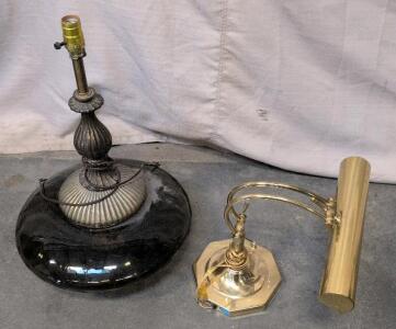 Brass Desk Piano Lamp & Black Glass Table Lamp, Mid-Century, E26 & Fluorescent Bulb, Metal/Glass
