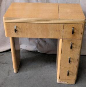 Vintage 1940s-50s Light Oak Sewing Machine Cabinet With 4 Drawers And Fold-Out Extension