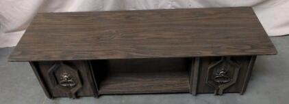 Vintage 1970s Wooden TV Stand, 48"x16"x18", Dark Woodgrain, Metal Ring Handles, 2 Side Compartments