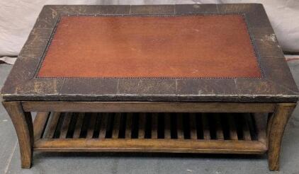Wood Coffee Table With Reddish Leather Inset Top And Slatted Shelf 48"x28"x19"