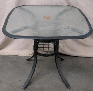 Square Glass Top Outdoor Patio Table, Metal Frame, 38"x38", Umbrella Hole, Seats 4