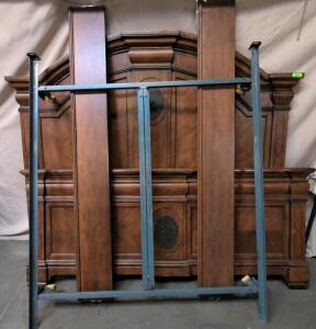 King Size Ornate Wood Bed Frame Set, Arch Headboard, Footboard, Metal Slat Support, Dark Finish