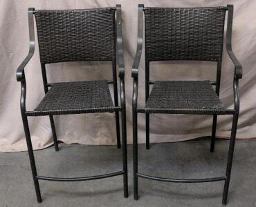 Set Of 2 Bar-Height Outdoor Patio Chairs, Woven Rattan, Metal Frame, Stackable, Armrests, Footrest