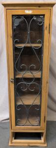 Solid Pine Curio/Display Cabinet &ndash; Glass Door With Ornate Iron Grill, 50"x16"x12", 5 Compartments
