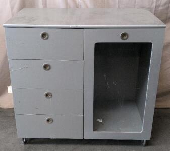 Steel Storage Cabinet, 4 Drawers, Side Compartment, Gray, Lockable, Casters, Mirrored Door
