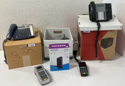 (8) Mitel Office Telephones, (3) AT&T Office Telephones, (2) Credit Card Readers, & NetGear WiFi Dual Band Gigabit Router