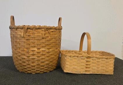 Set Of 2 Handwoven Wood Reed Baskets - Rectangular And Round Storage/Laundry, Natural Tan