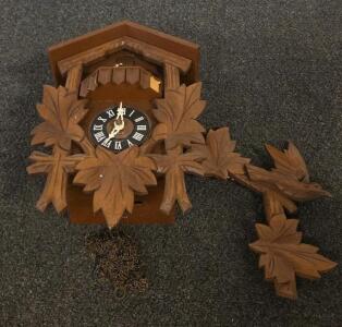 Vintage Black Forest Mechanical Cuckoo Clock, Dancing Figurines, Carved Leaf & Bird, Musical