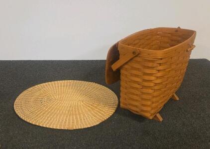 Large Wood Woven Picnic Basket With Lid, 4 Legs & Rope Clasp, Circular Woven Mat Included
