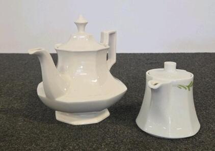 Porcelain Teapot Set: White Octagonal 32oz + Small 10oz Green Vine Motif Pots With Lids