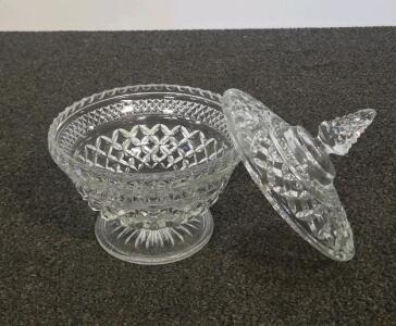Vintage Clear Pressed Glass Footed Covered Candy Dish, Diamond Point Pattern, 8"x7", Pineapple Finial