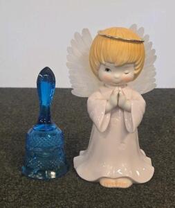 Porcelain Praying Angel Figurine With Plastic Wings & Blue Pressed Glass Bell, 6.5" Tall
