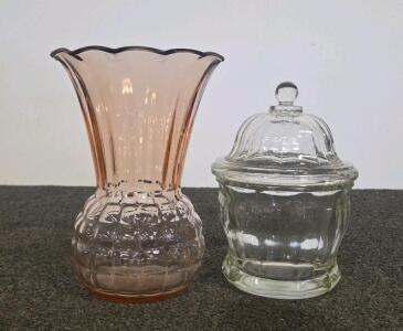 Vintage Pink Depression Glass Vase & Clear Lidded Candy Jar, Pressed Glass, 1930s-1950s