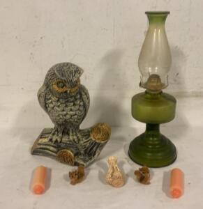 Vintage Owl Figurine And Green Glass Oil Lamp Set With Animal Figurines & Candles