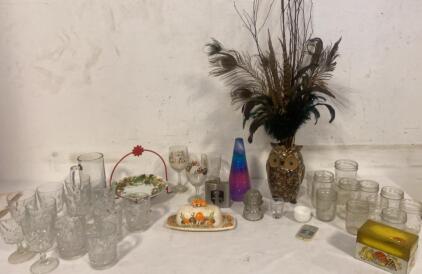 Large Vintage Glassware Lot: Owl Vase, Patterned Goblets, Holiday Plate, 37 Pieces