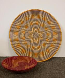 Large African Handwoven Raffia Baskets &ndash; 17" Tray & 13" Bowl, Star & Geometric Patterns, Lot of 8+