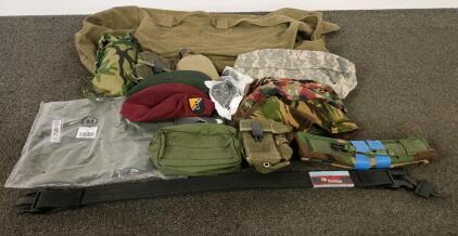 U.S. Military Surplus Field Gear Lot With Duffel Bag, Mil-Spec Belt, Camo Pouches, Beret, Medium BDU