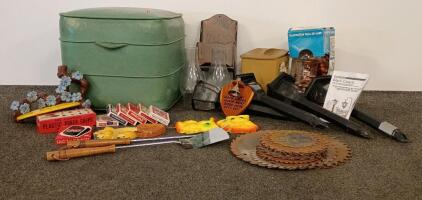 Vintage Decor And Household Lot: Brinkmann Garden Lamps, Wall Oil Lamp, Cards, Blades, Ottoman