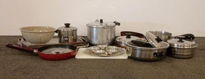 Large Mixed Cookware Set: Frying Pans, Pots, Pressure Cooker, Sheet Pans, Mixing Bowls, Egg Poacher