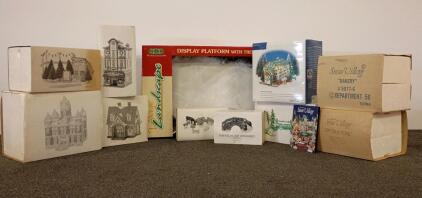 Dept 56 Snow Village Set W/ County Courthouse, Bakery, Jefferson School, Lemax Display Platform