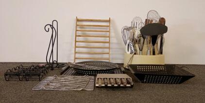 Large Kitchen & BBQ Utensil Lot, Vintaware Knife Block, Rotating Caddy, Grill Baskets, 40+ Pieces