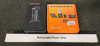 Mixed Electronics Lot &ndash; Cordless Handheld &ldquo;Violent Fan&rdquo; Blower, Solar Charge Controller Kit, Retractable Power Strip &ndash; New/Open Box Variety Bundle