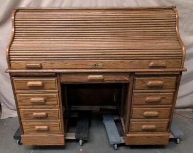 Grand Rapids Oak Roll-Top Desk, 9 Drawers, Pull-Out Writing Surface, Vintage Office Furniture