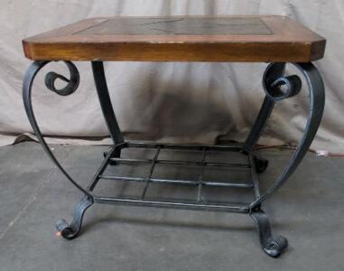 Wrought Iron And Wood Side Table With Lower Shelf, Rustic Scrollwork Base