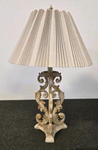 Ornate Scroll Table Lamp, Cream Patina, Pleated Shade, 30" Height, 3-Way Socket, LED Bulb Included