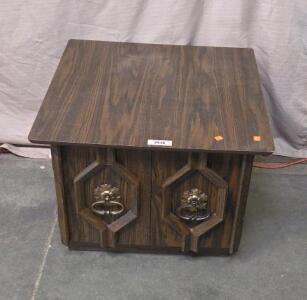 1970s Vintage Dark Wood End Table Cabinet, Dual Doors, Brass Pulls, 24"x20"x21", ID 2536