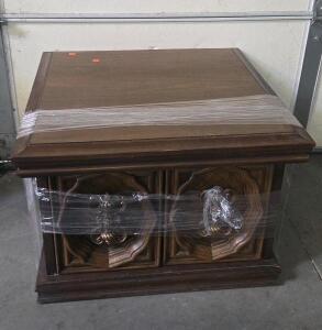 Vintage Wooden End Table, 2-Door Cabinet, Ornate Brass Hardware, 27"x26"x20" Mid-Century Style