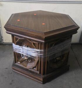 Hexagonal Vintage Wooden End Table Cabinet, Ornate Handles, Mediterranean Style, 28"x24"x21"