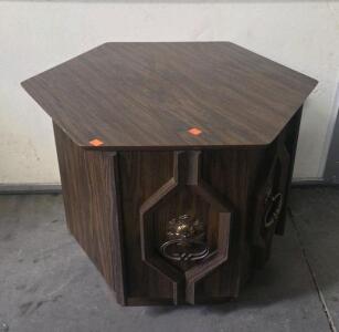 Vintage Hexagonal Wood End Table, Cabinet Storage, Ornate Brass Pulls, Mid-Century Design