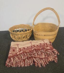 Set Of 2 Wicker Baskets & Jasco 1850 Woven Fringe Throw Blanket &ndash; Rectangular, Round, Red/Cream