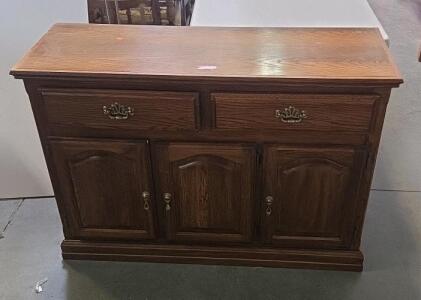 Brown Oak 3-Door Sideboard Buffet Cabinet, 2 Drawers, Brass Hardware, 48"x16"x34"