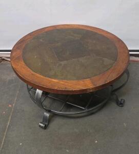 Round Slate & Wood Coffee Table With Metal Base And Lower Shelf, 38" Diameter