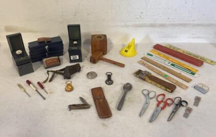 Pulsar &ldquo;Ore Ida&rdquo; Watches In Box & Assorted Vintage Tools, Rulers, Knives, Scissors And Belt Buckles