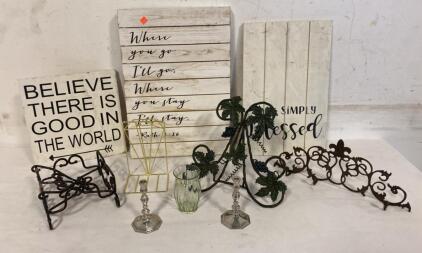 Decorative Metal Stands, Wall Art Signs, Candlesticks, Vase &ndash; 9-Piece Home Decor Lot