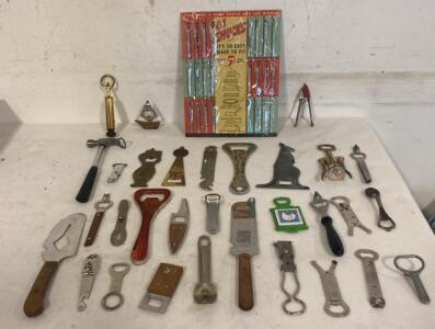 Vintage Bottle & Can Opener Collection &ndash; 57 Pieces 1940s-1970s W/ "O! Shucks" Unopened Display