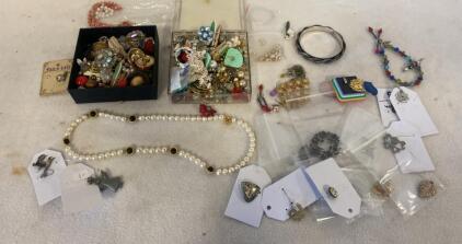 Large Mixed Costume Jewelry Lot With Faux Pearl Necklace, Earrings, Bracelets, Brooches, Rings