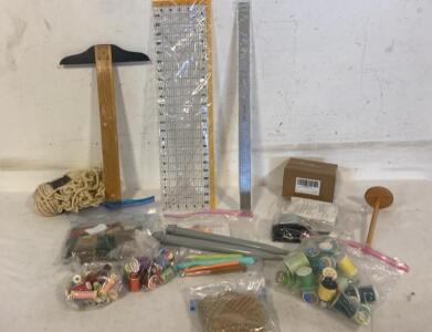 Large Mixed Craft Lot &ndash; Rulers, Thread, Yarn, Crochet Hooks, Knitting Needles, Patchwork