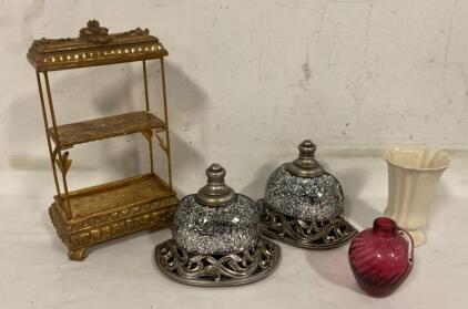 Ornate Mosaic Glass Bookends, Gold Tone Display Shelf, White Ceramic & Cranberry Glass Vases