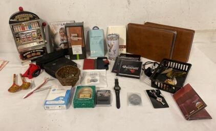 Jumbo Slot Bank, Baldwin Door Handle, Casio Watch, Coach Charm, Chalean DVD, Pavarotti CDs Lot and so much More